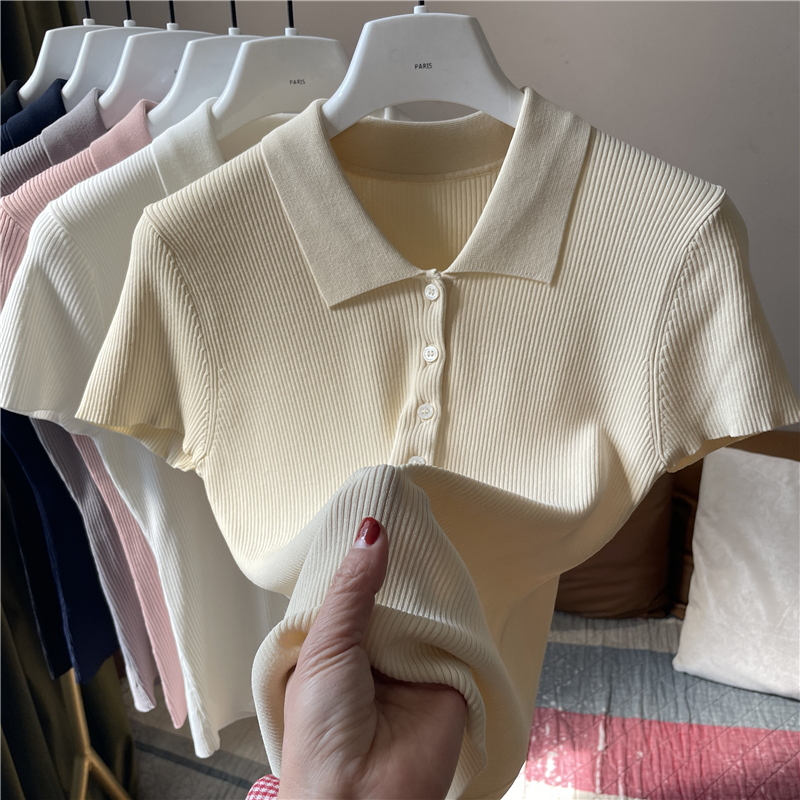 冰丝针织Polo领纽扣短袖针织衫女夏季新韩版修身显瘦T恤上衣chic - 图0