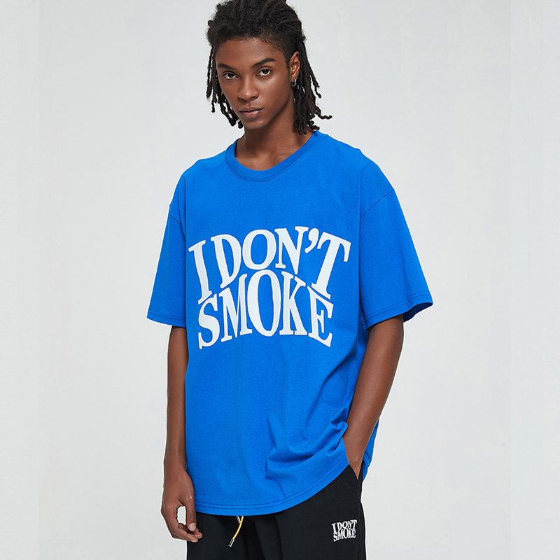 IDONTSMOKE拒绝吸烟标语设计师潮牌宝蓝色LOGO印花宽松短袖T恤男 - 图1