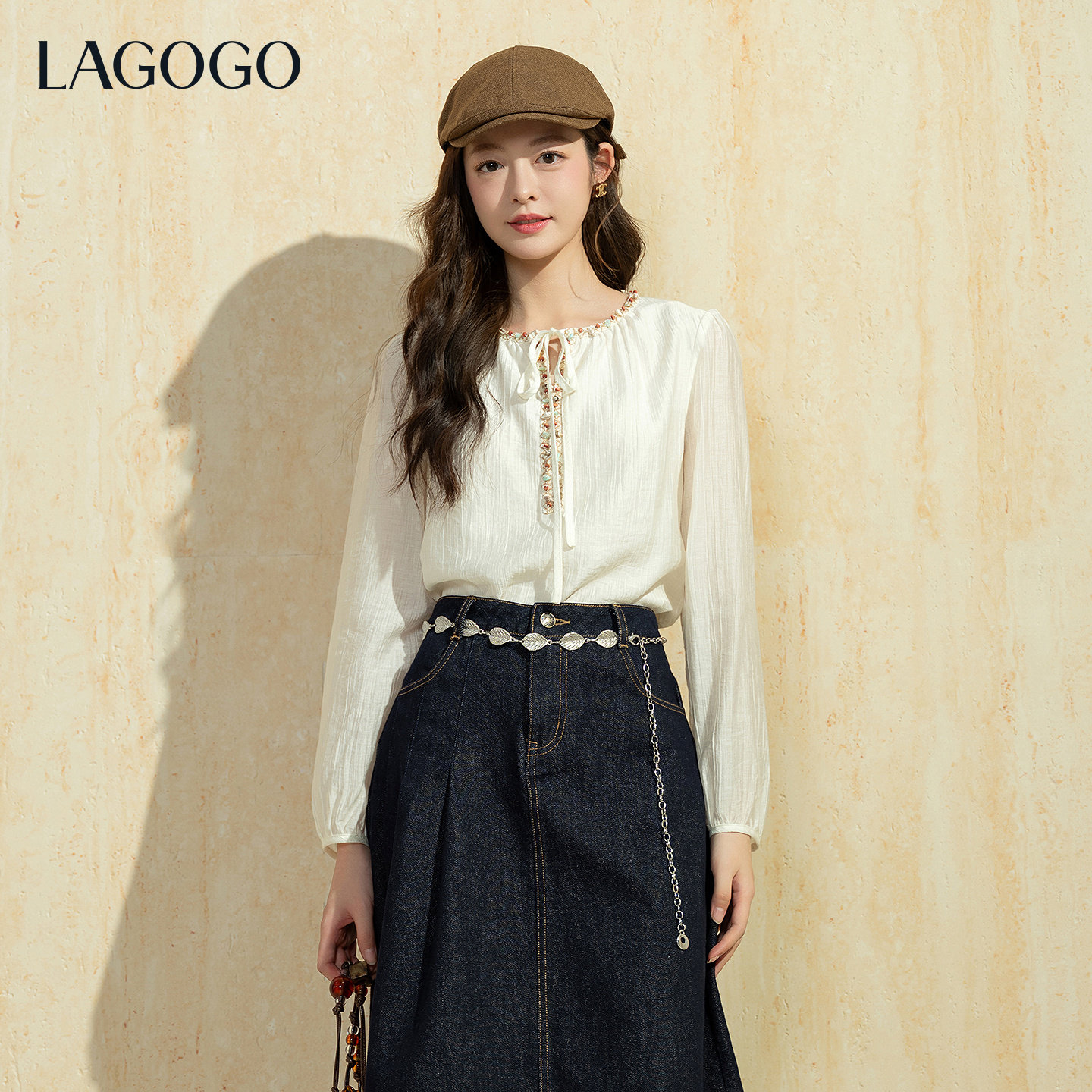 LAGOGO自由波西长袖天丝衬衫女拉谷谷2026春新款钉珠系带度假上衣,淘宝优惠券,粉丝福利购,淘宝优惠卷