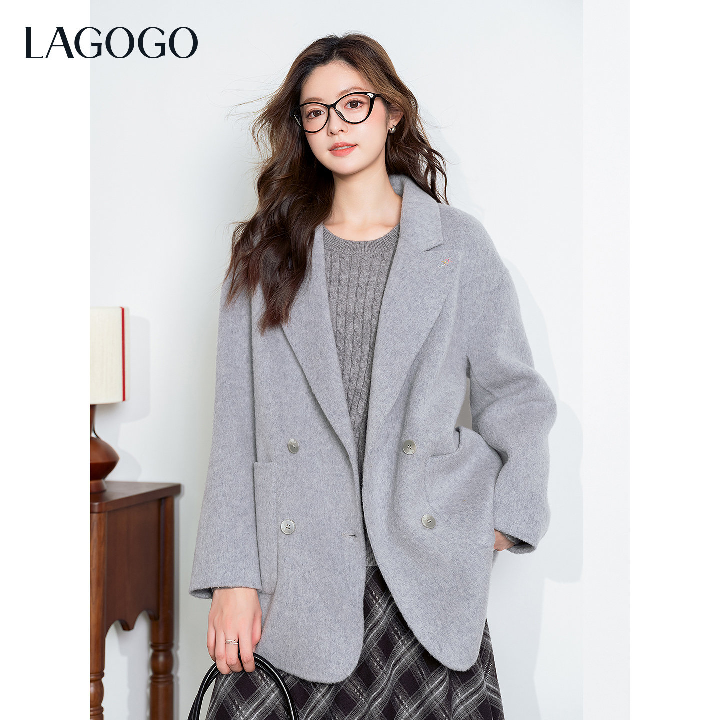 100%绵羊毛LAGOGO雾岛闲行灰色双面呢大衣拉谷谷2025冬新款外套,淘宝优惠券,粉丝福利购,淘宝优惠卷