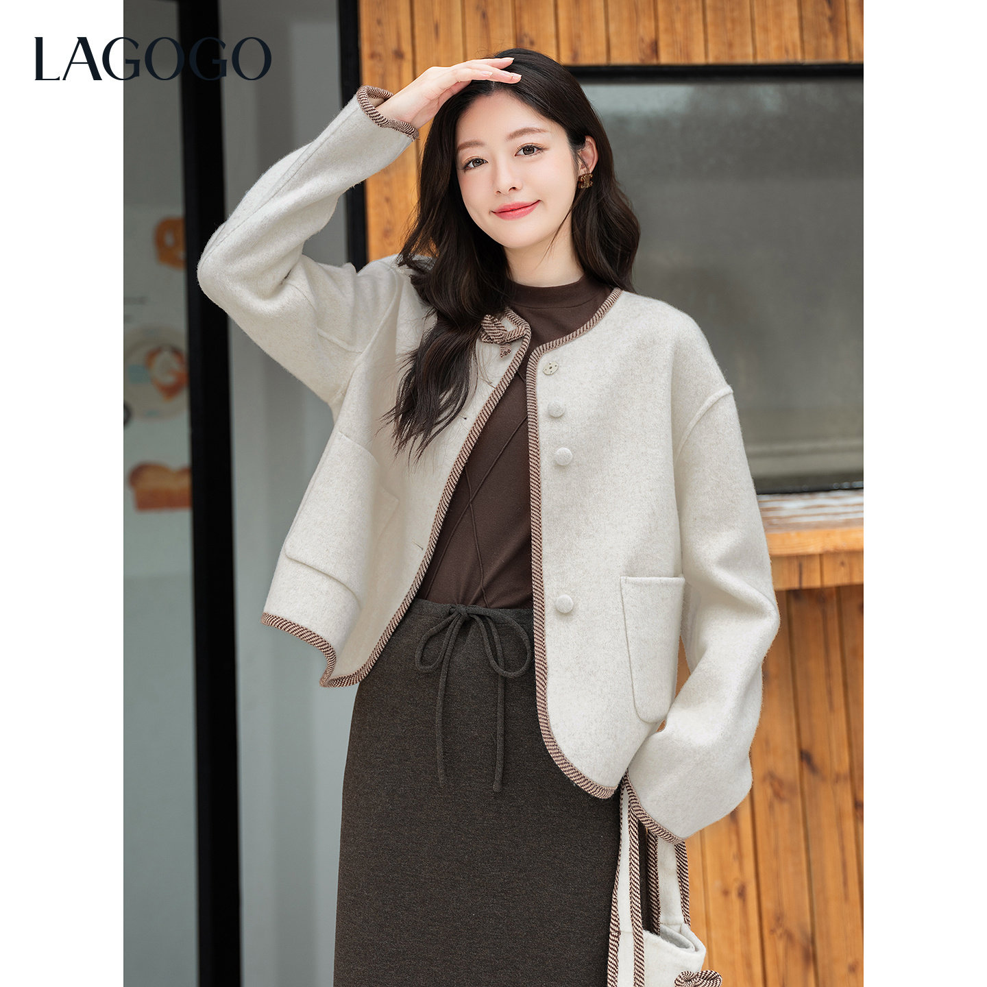 LAGOGO灰调絮语短毛呢外套女拉谷谷2025冬新款小香风优雅精致大衣,淘宝优惠券,粉丝福利购,淘宝优惠卷