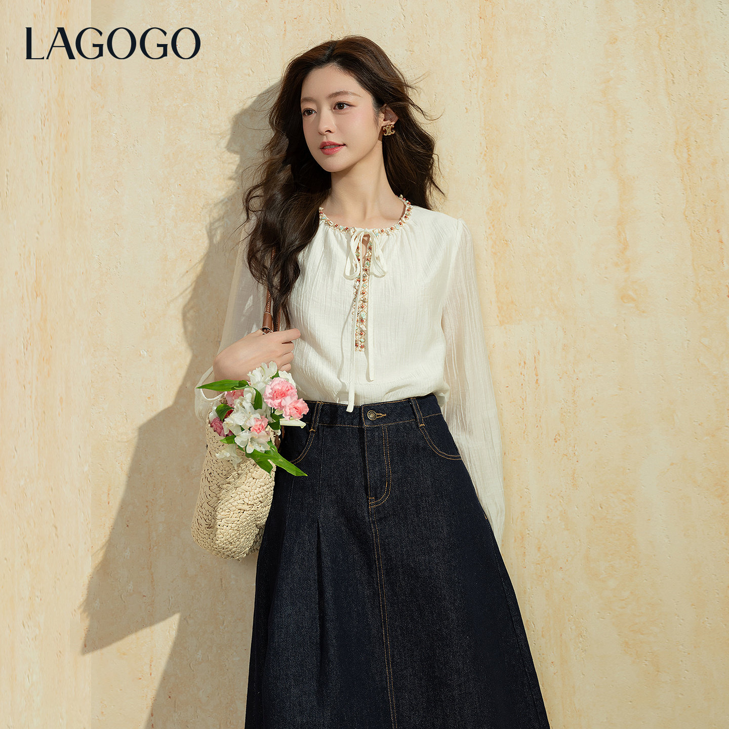 LAGOGO自由波西长袖天丝衬衫女拉谷谷2026春新款钉珠系带度假上衣,淘宝优惠券,粉丝福利购,淘宝优惠卷