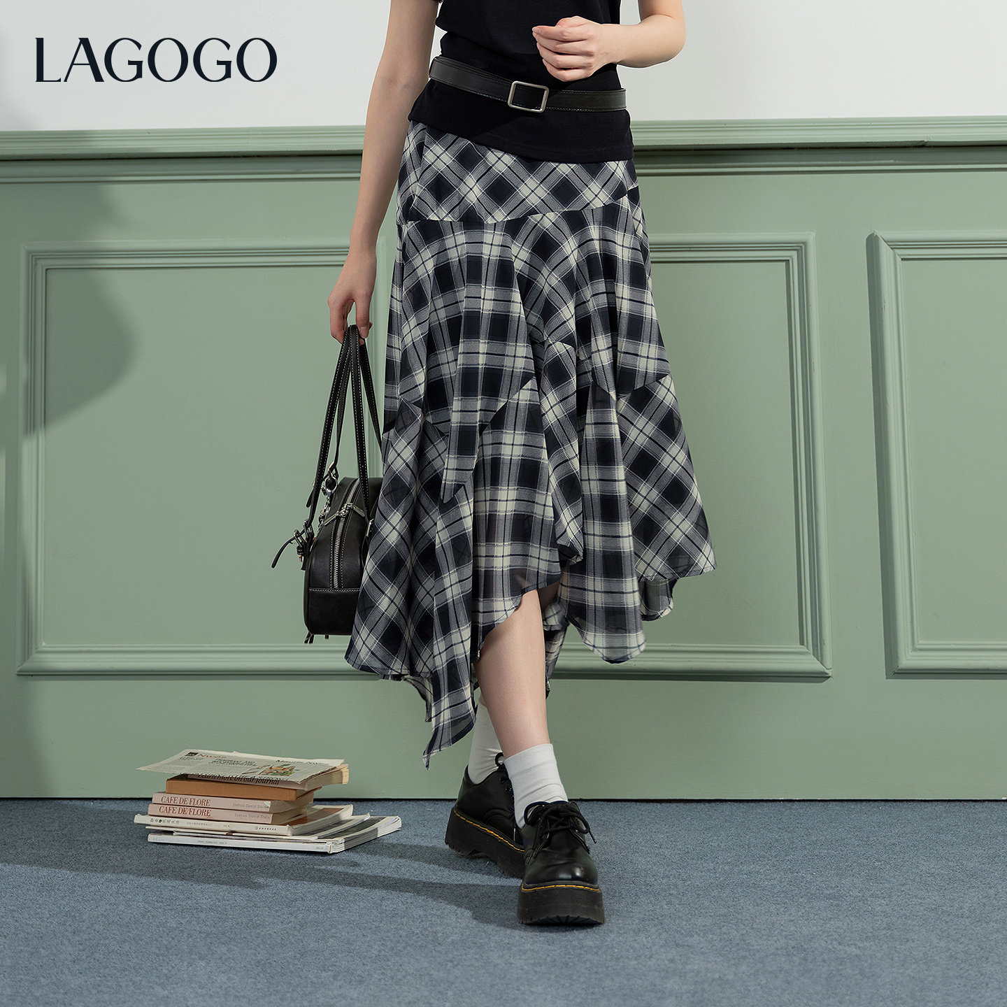 LAGOGO维希格学院不规则半身裙女拉谷谷2026春新款格纹仙气雪纺裙,淘宝优惠券,粉丝福利购,淘宝优惠卷
