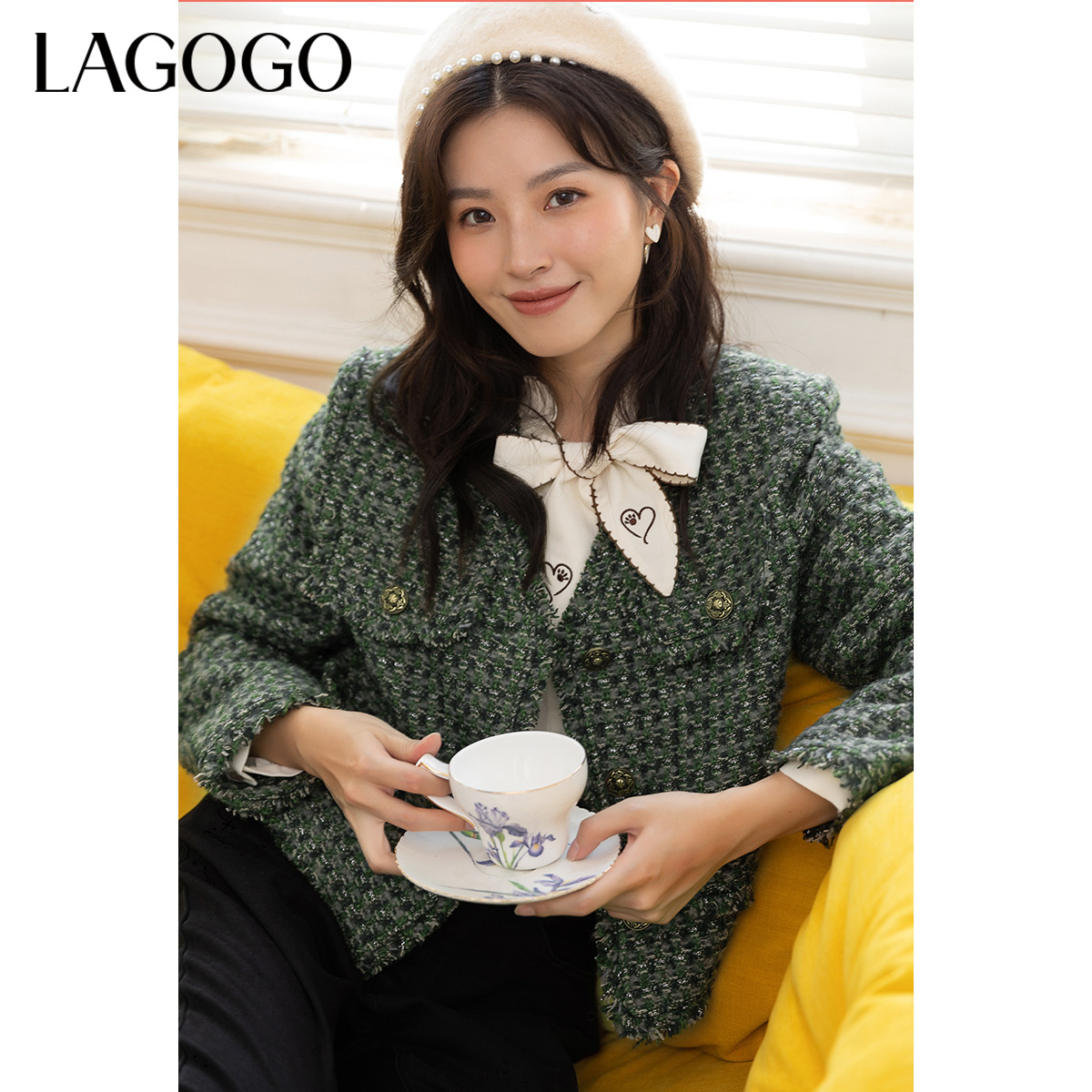 Lagogo拉谷谷秋冬季新款羊毛气质小香风绿色外套女短款高级感