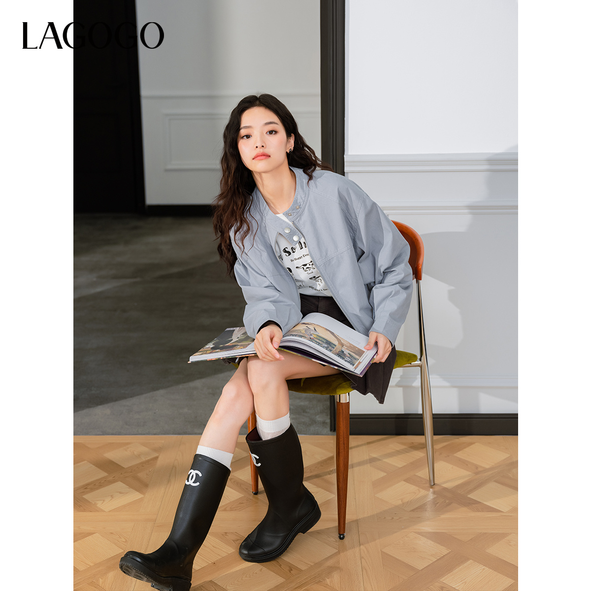 LAGOGO浅蓝立领短外套女拉谷谷2025秋冬新款小个子户外穿搭夹克衫 - 图3