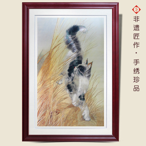 有福湘绣苏绣招财猫狗书房装饰画三只小猫客厅过道挂画湖南特产 - 图2