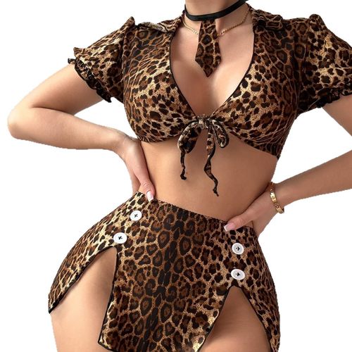 欧美风性感时尚豹纹女秘书制服诱惑内衣女深V紧身OL纯欲午夜睡衣 - 图3