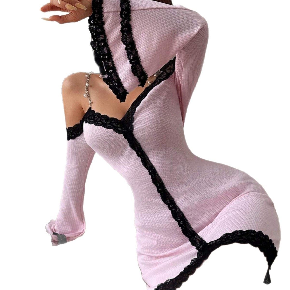 欧美风性感蕾丝花边撞色链条肩带睡裙女喇叭袖露肩辣妹居家服睡衣,淘宝优惠券,粉丝福利购,淘宝优惠卷