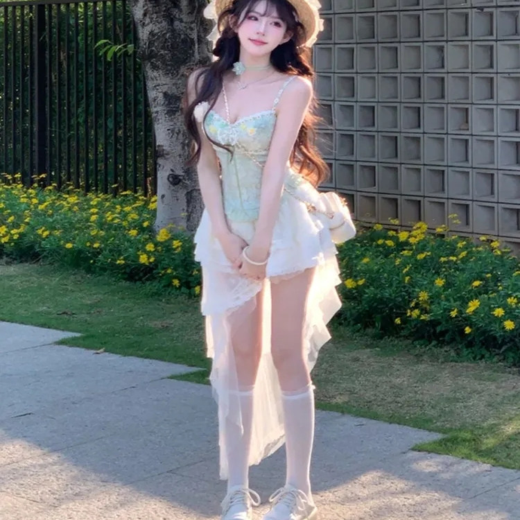 纯欲风立体花朵蕾丝拼接吊带背心女夏季2025新款不规则半身裙套装,淘宝优惠券,粉丝福利购,淘宝优惠卷