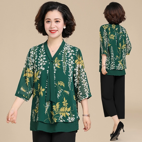 Летняя приятная телу шифоновая рубашка для матери, 2021 года, V-образный вырез, большой размер