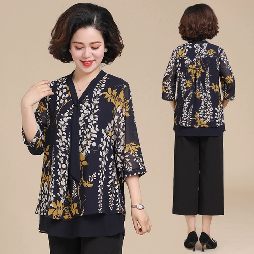 Летняя приятная телу шифоновая рубашка для матери, 2021 года, V-образный вырез, большой размер
