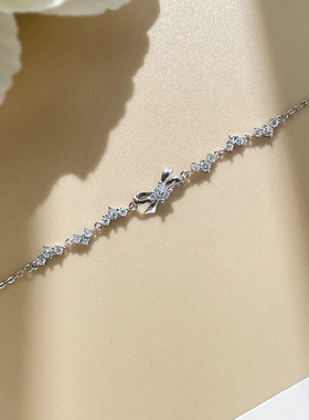 S999足银手链女新款闪亮锆石蝴蝶结手链轻奢生日礼物送女友P