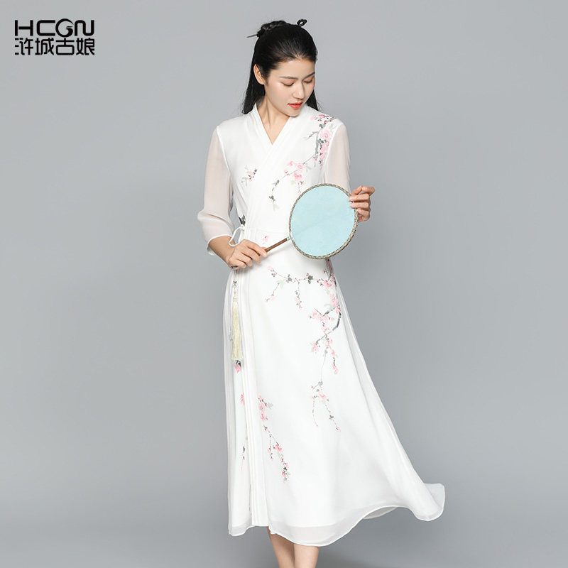 新中式夏季桑蚕丝精致印花长裙国风系带V领轻薄舒适透气女连衣裙,淘宝优惠券,粉丝福利购,淘宝优惠卷