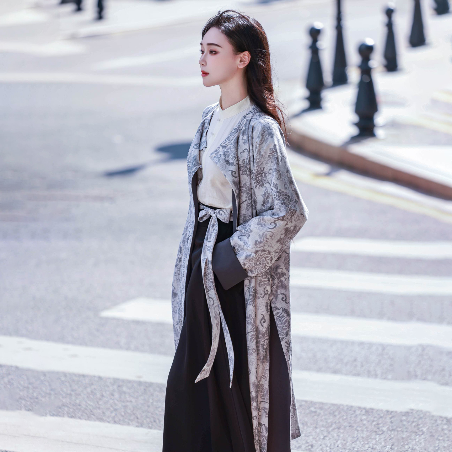 拟梦秋雨 双面穿圆领袍汉元素国风衬衫松紧宋裤原创国风复古黑灰 - 图1