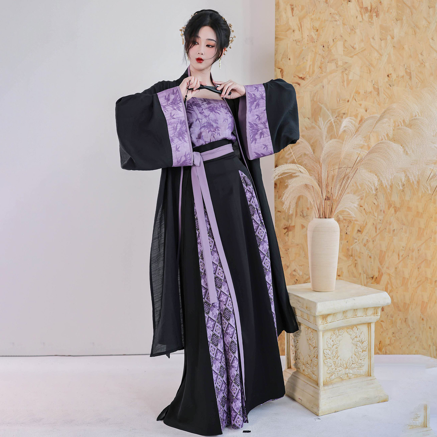 百合卡牌 拟梦原创宋制对襟长衫旋裙改良三裥裙黑紫刺绣春秋撞色 - 图3