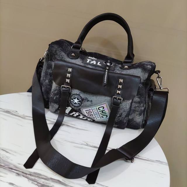 Trendy women's bag nylon with leather personality multi-pocket rivets