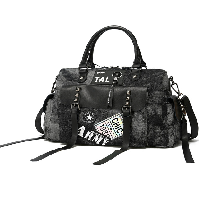 Trendy women's bag nylon with leather personality multi-pocket rivets