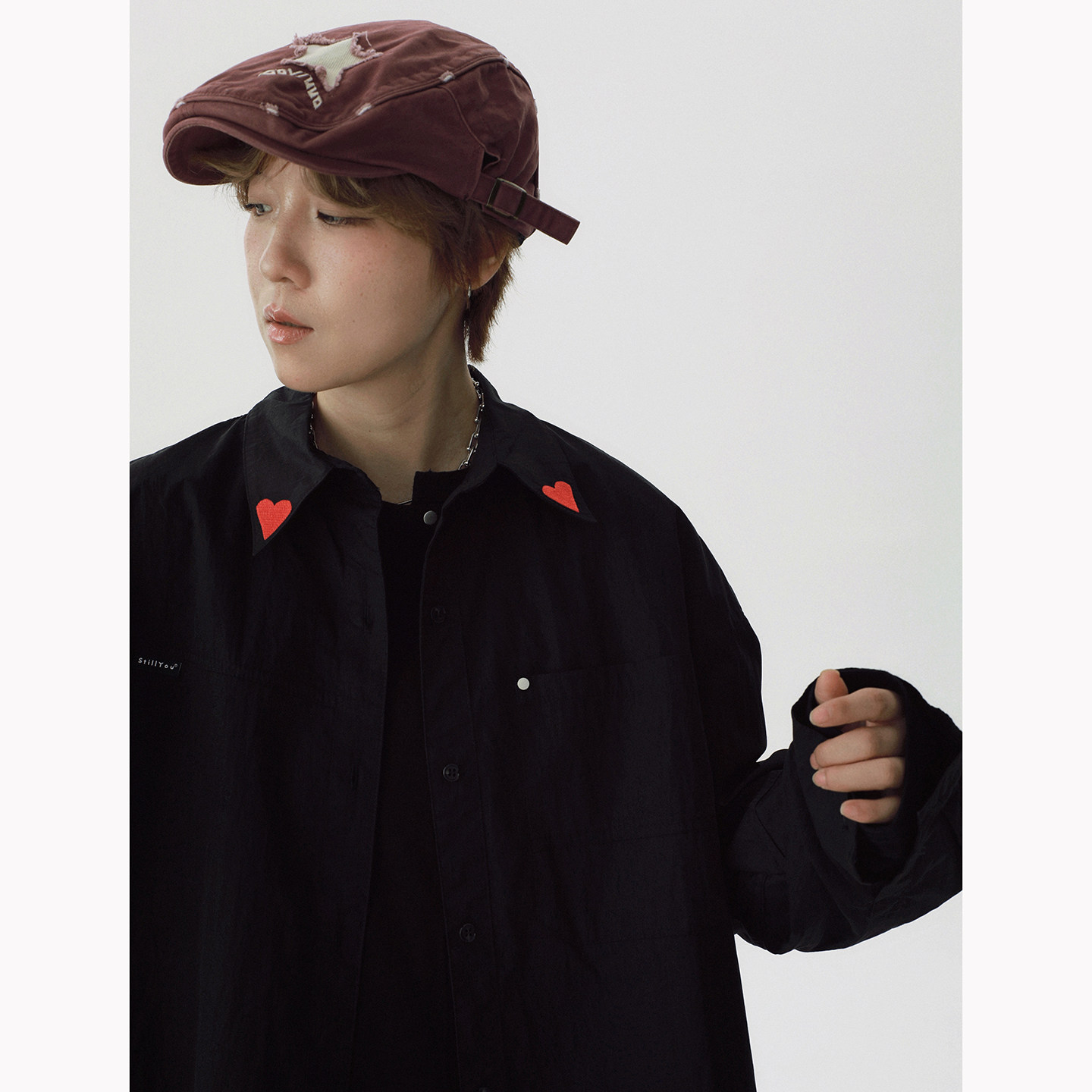 STILLYOU简约中性百搭工装分割线长袖衬衫宽黑白松爱心刺绣领衬衣,淘宝优惠券,粉丝福利购,淘宝优惠卷