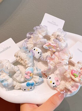 糖果色全身小猫格子花边小肠发圈可爱甜美少女风马尾发绳发饰批发