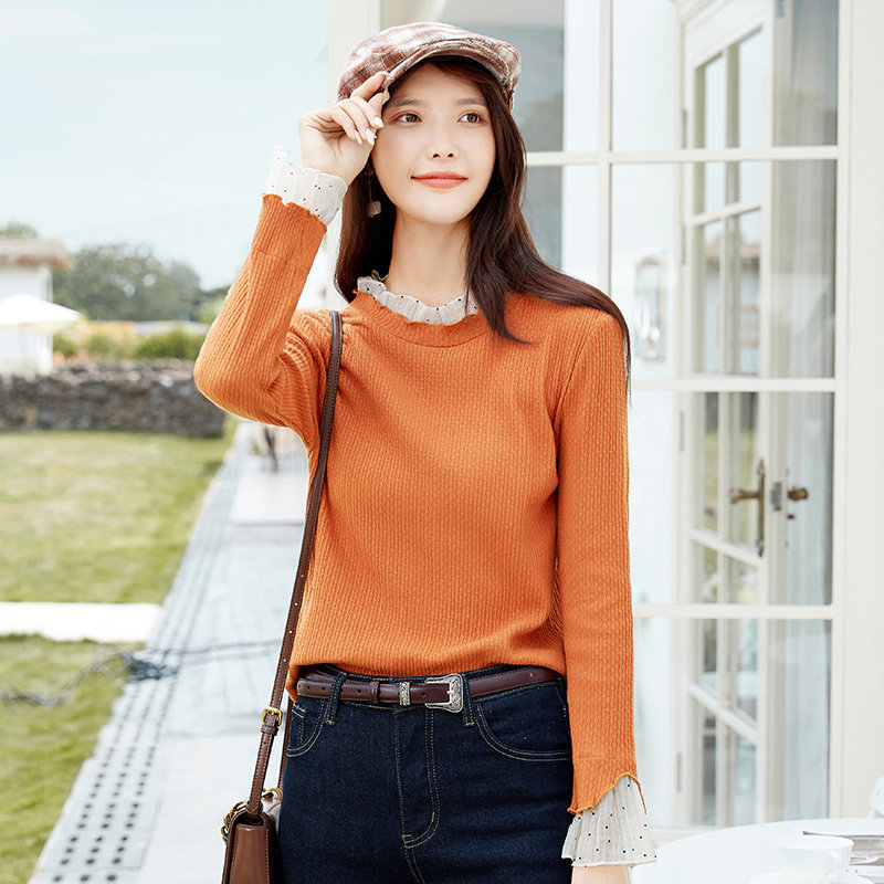 艾路丝婷雪纺荷叶边拼接长袖打底衫 艾路丝婷T恤