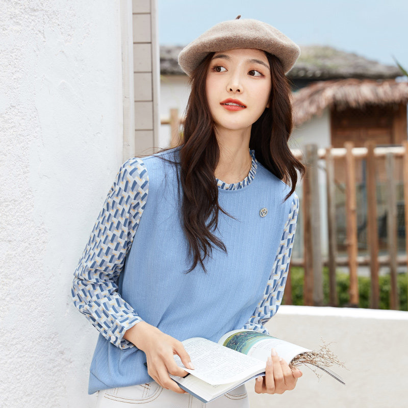 艾路丝婷雪纺拼接长袖女装2021 t恤 艾路丝婷T恤