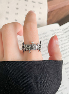 岚芷 纯银戒指女嘻哈十字架酷帅复古开口食指戒指女不掉色925饰品