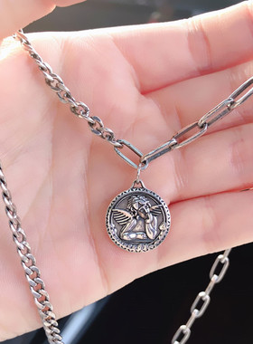 欧美复古风圆牌天使锁骨项链女ins潮冷淡风嘻哈街头个性搭配吊坠