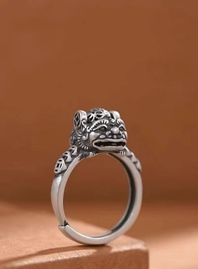 复古泰银招财貔貅可转动戒指男女创意做旧工艺国潮民族风活口指环