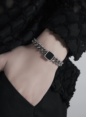 嘻哈潮流黑色方形古巴手链男小众高级感百搭不掉色手饰情侣配饰潮