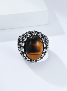 千风欧美朋克饰品骷髅头虎眼石钛钢戒指男个性暗黑街头潮流食指环