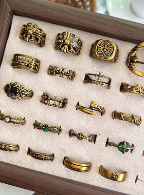 岚芷十字架复古做旧高级感古金戒指女开口指环轻奢小众港风饰品男