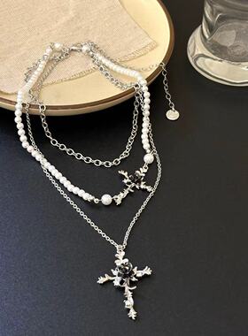 嘻哈街头辣妹十字架玫瑰花朵项链女串珠叠戴chocker哥特锁骨链潮