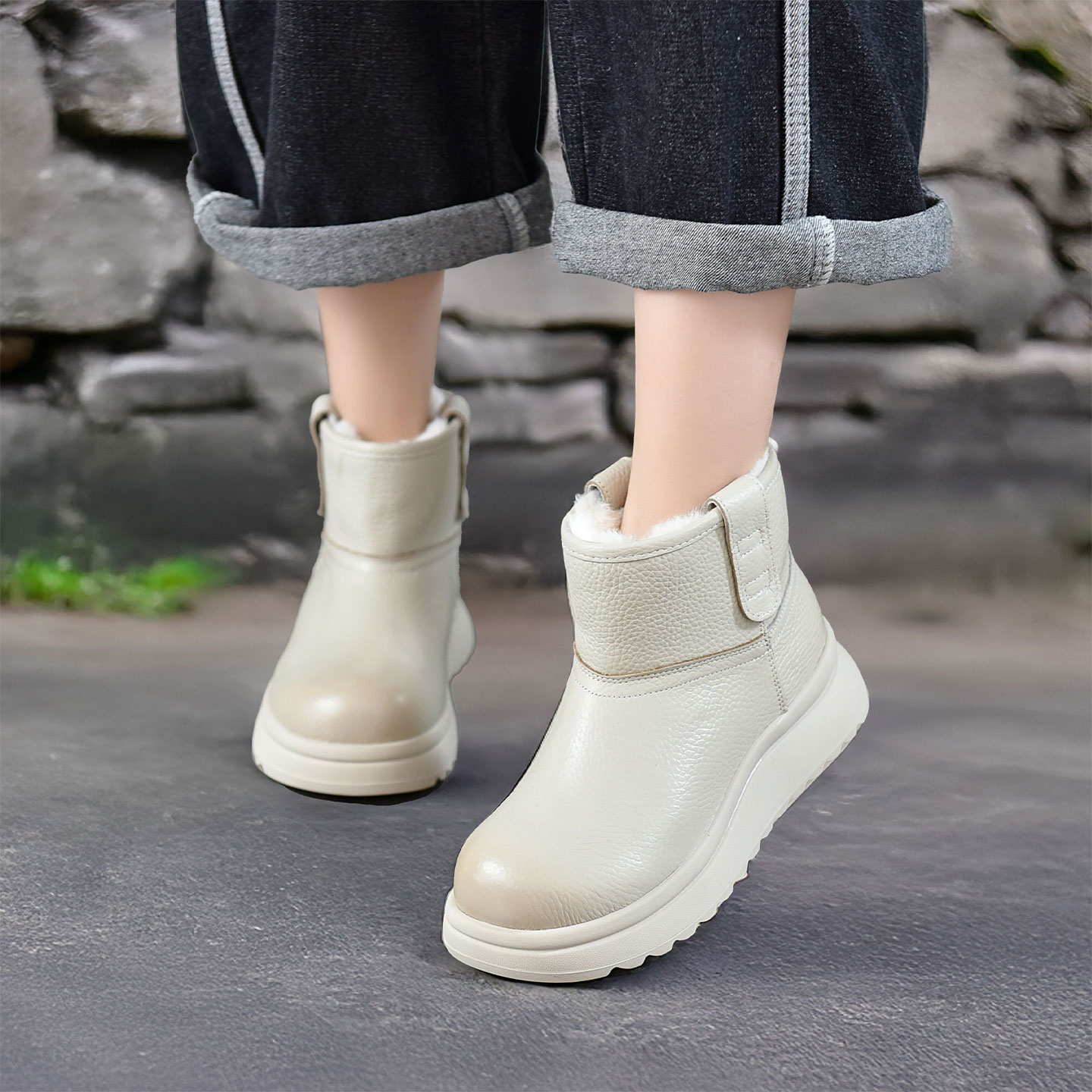 四起哥2025秋冬新款头层牛皮厚底保暖雪地靴女手工真皮大棉棉靴女 - 图0