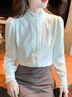 潮牌蕾丝打底衫立领雪纺衬衫女士
