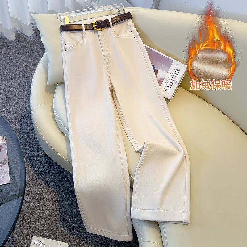 轻奢米白色加绒牛仔裤女新款冬季加厚小个子休闲九分窄版阔腿裤子,淘宝优惠券,粉丝福利购,淘宝优惠卷