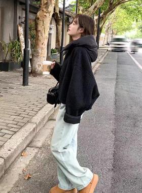 潮牌黑色连帽拼接羊绒毛呢外套