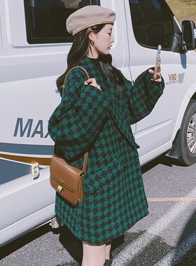 潮牌短款复古格子西装毛呢外套女