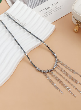 Norns欧美简约几何黑胆石方块流苏串珠项链 个性简约设计necklace