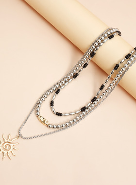 Norns欧美复古多层叠戴太阳花吊坠金银项链女黑珠金属拼接锁骨链