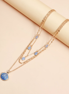 Norns欧美海洋人鱼姬风滴釉蓝色海贝项链三层链贝壳项链锁骨链