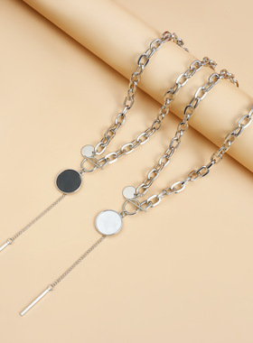 Norns欧美几何粗链OT扣圆形黑白色贝母锁骨链简约个性OT项链Y字链