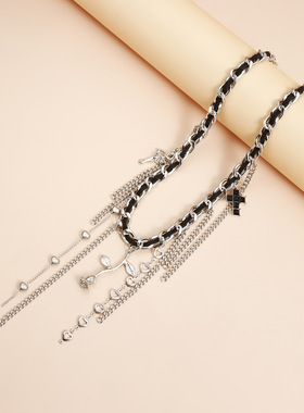 Norns欧美摇滚多元素挂饰绒布绳编织项链女花朵十字架流苏项饰