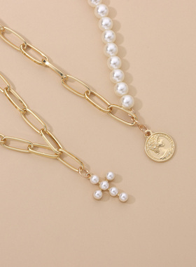 欧式不对称十字架金币拼接项链