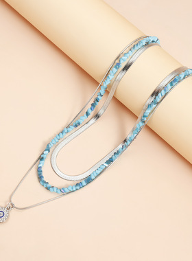 Norns欧美自然元素蓝绿松石金属链三层恶魔之眼项链切面necklace
