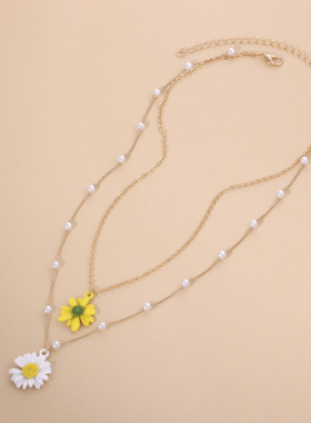 仙气小雏菊珍珠双层项链吊坠
