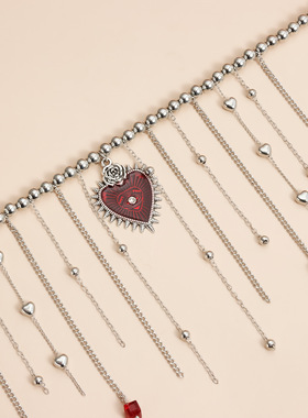 Norns欧美暗黑系荆棘暗红爱心花朵项链辣妹风瀑布流苏链珠链项链