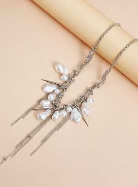 Norns欧美甜酷辣妹风仿波洛克珍珠锥形项链女金属重工ins风流苏