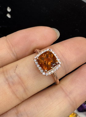 天然黄水晶戒指女925银镶嵌时尚个性简约百搭黄水晶金红料7.2mm