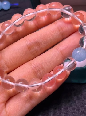 天然10毫米白水晶圆珠手链，搭配天然海蓝宝，赵露思同款