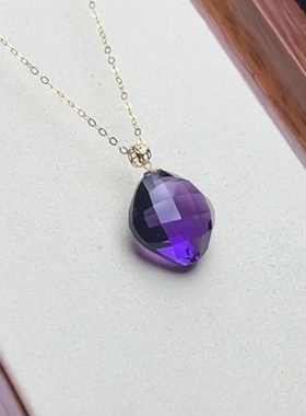 天然巴西 紫水晶 棱形 切割工艺吊坠 18 k金镶嵌扣头 送银链